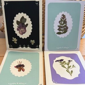 4 Hand-crafted Pressed Flower Greeting Cards, 2-bday, 2-blank; all w/envelopes